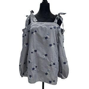 Michael Michael Kors Stripe Floral Embroidered Cold Shoulder Blouse Tie Straps M